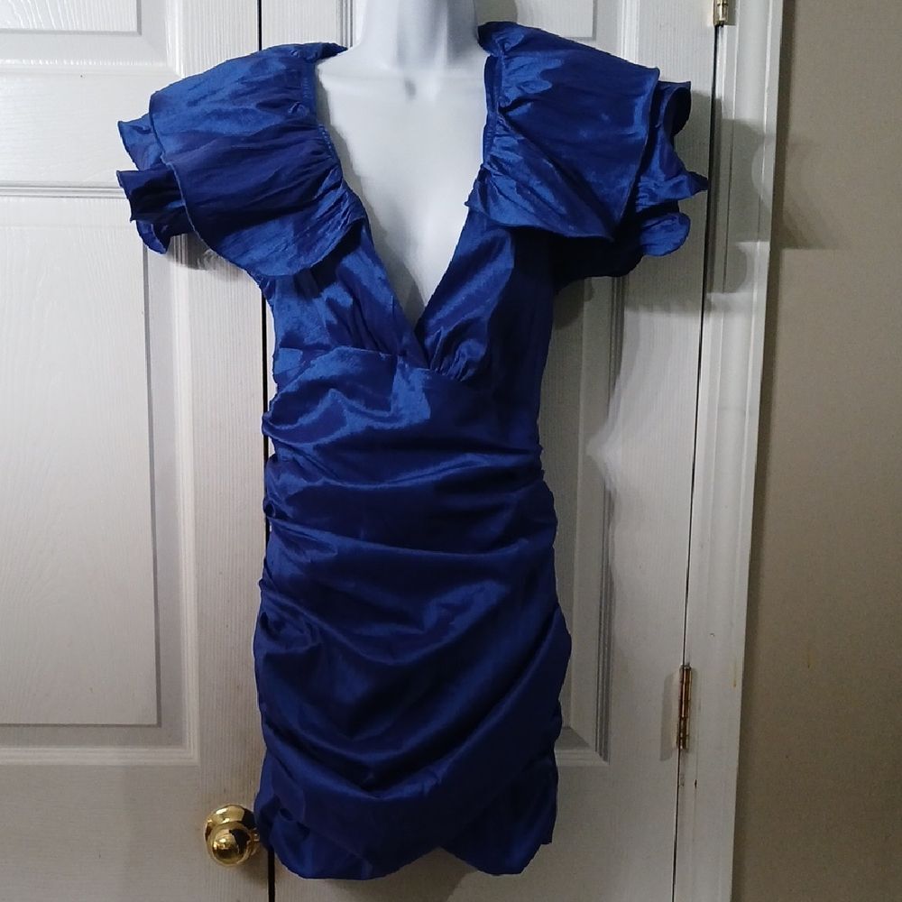 Akira black label Elegant Royal blue holiday party Ruffled Dress Sz L NWOT